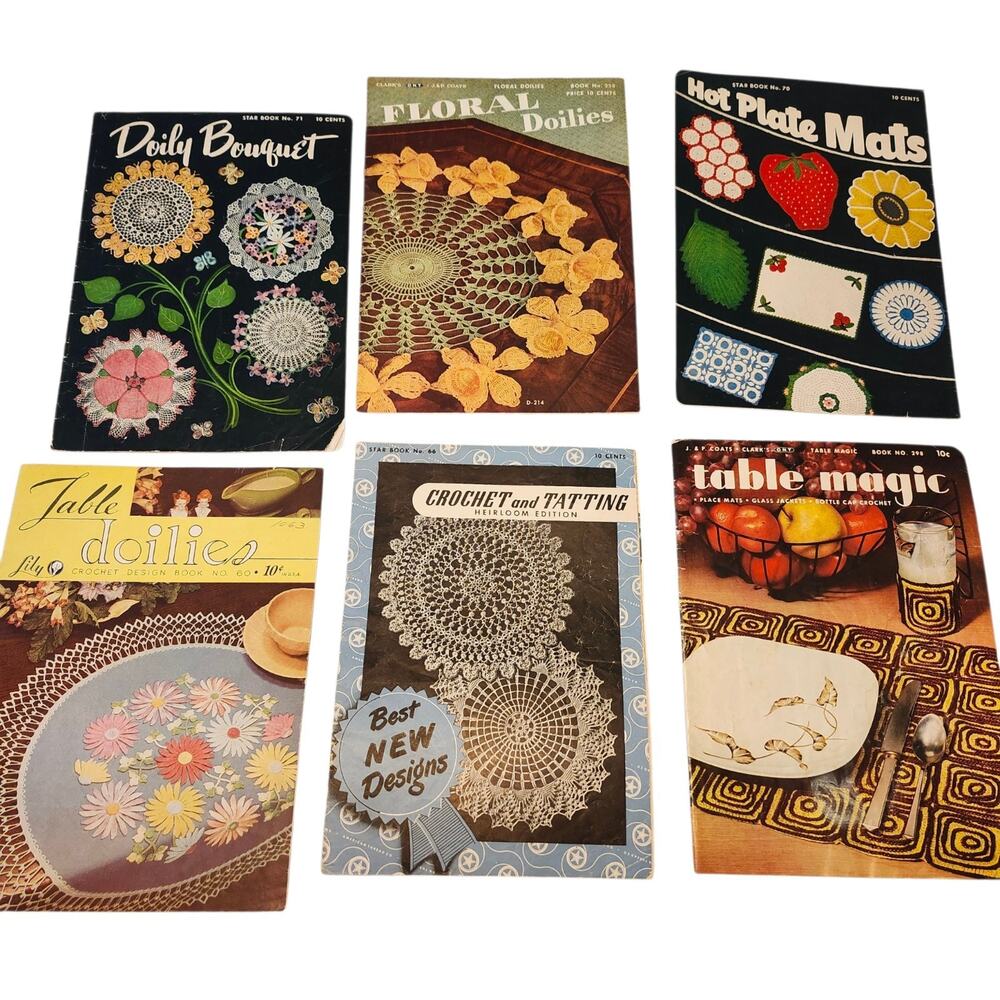 Set of 6 Vtg (1947 - 1953) Crochet Books Tatting Mats Star Lily Clarks J P Coats
